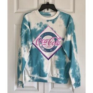 Coca Cola Tie Dye Sweater Womens size SMALL white/Blue Crew Neck Long Sleeves146